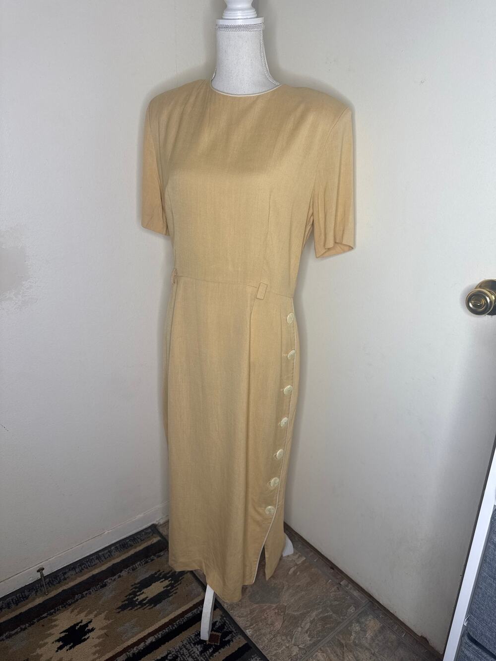 VTG 90s Casual Corner Rayon Linen Side Button Midi Dress Yellow 14 (Fits M/L)